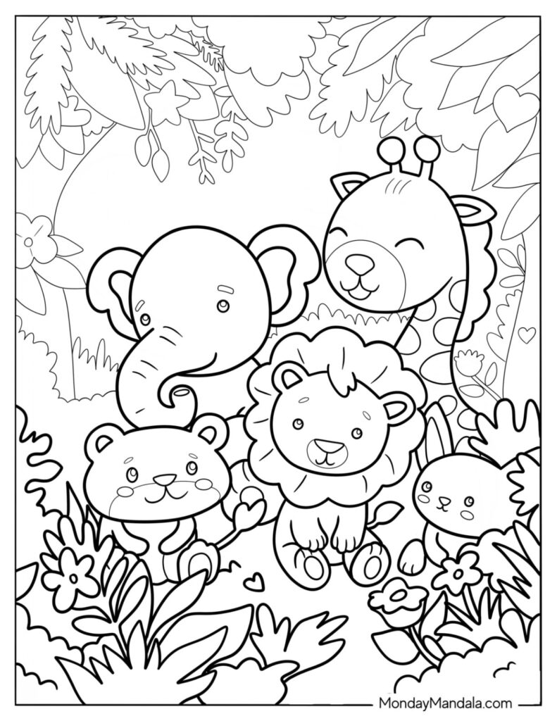 Cartoon jungle animals surrounded by flowers and leaves