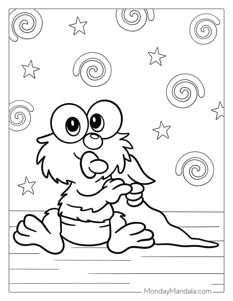 Cartoon furry monster sitting with stars and spirals around it