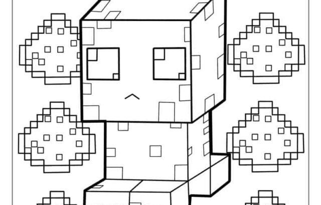 Pixel-art creature surrounded by eight patterned shapes