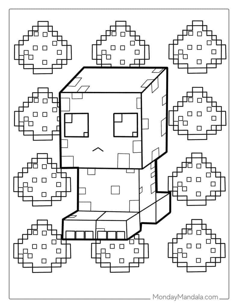 Pixel-art creature surrounded by eight patterned shapes