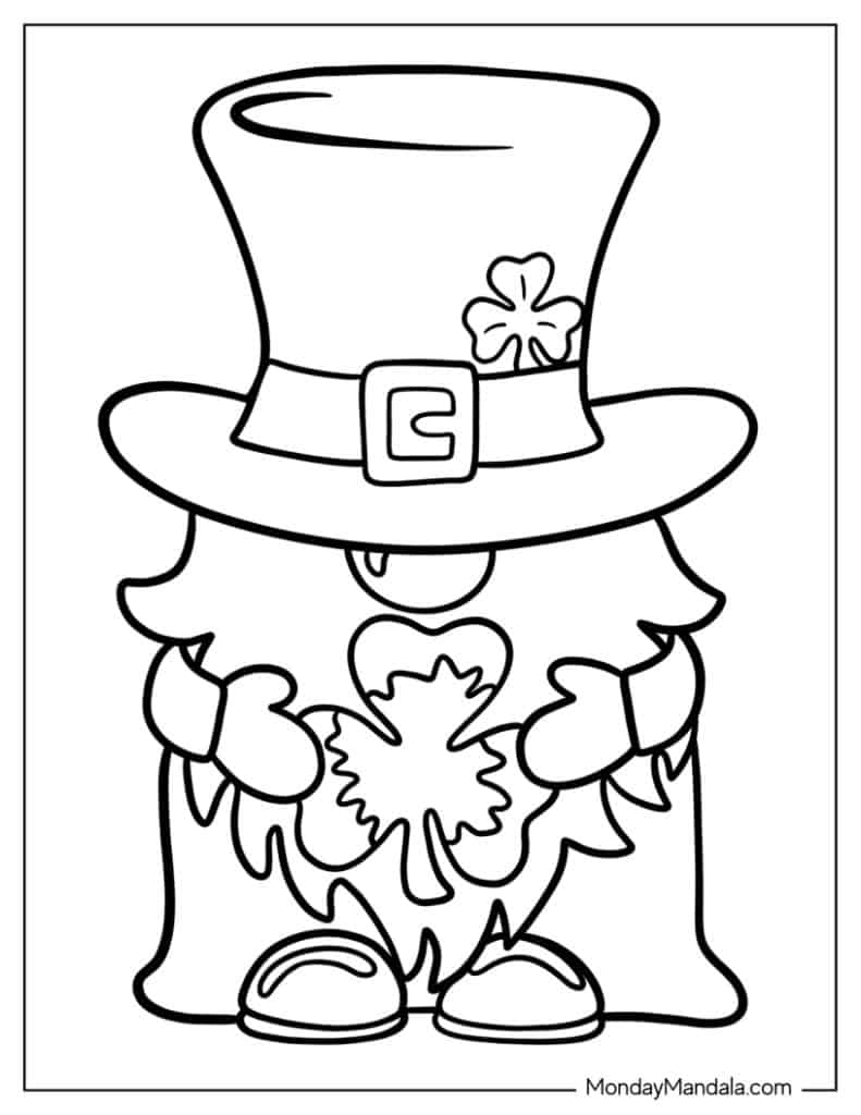 St. Patrick’s Day gnome holding shamrock outline drawing