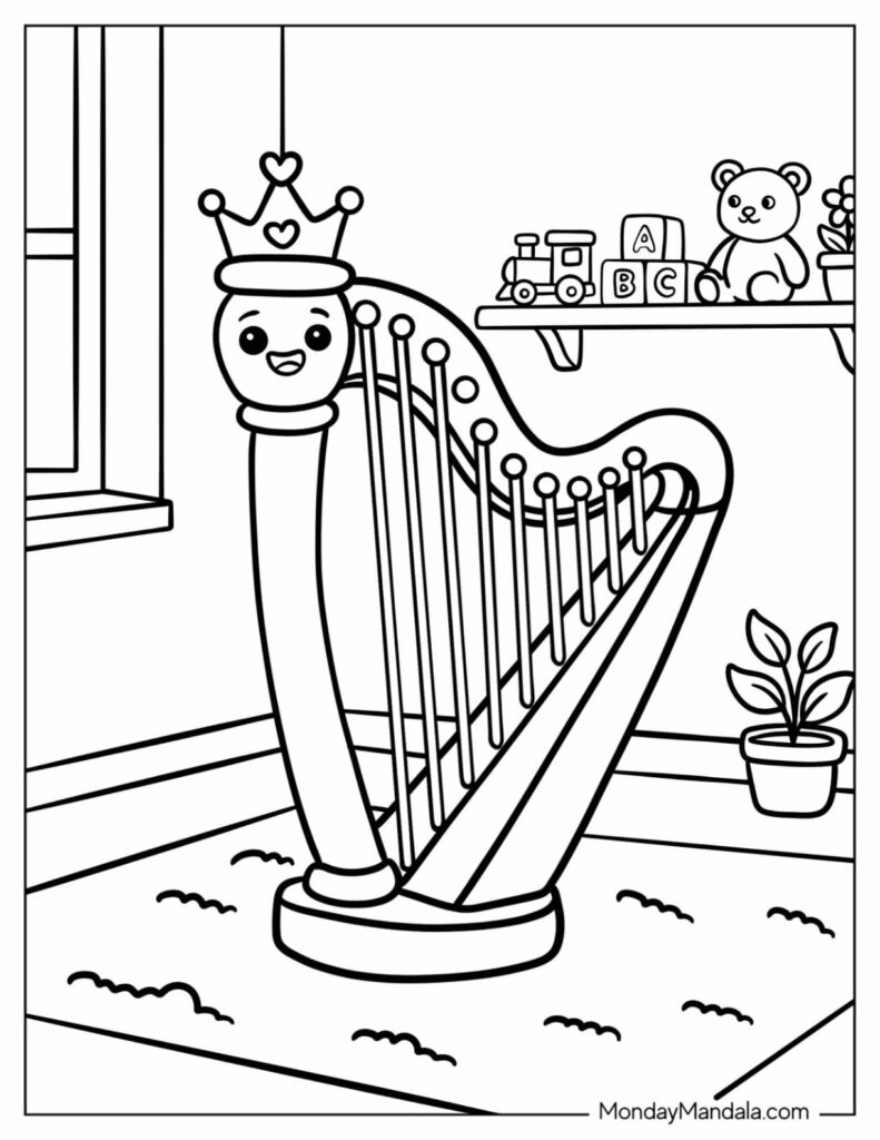 Coloring page of a smiling harp in a room