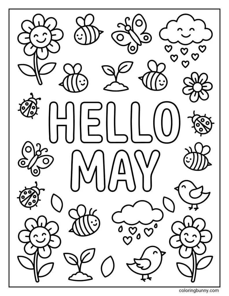 Black-and-white May coloring page with flowers and insects