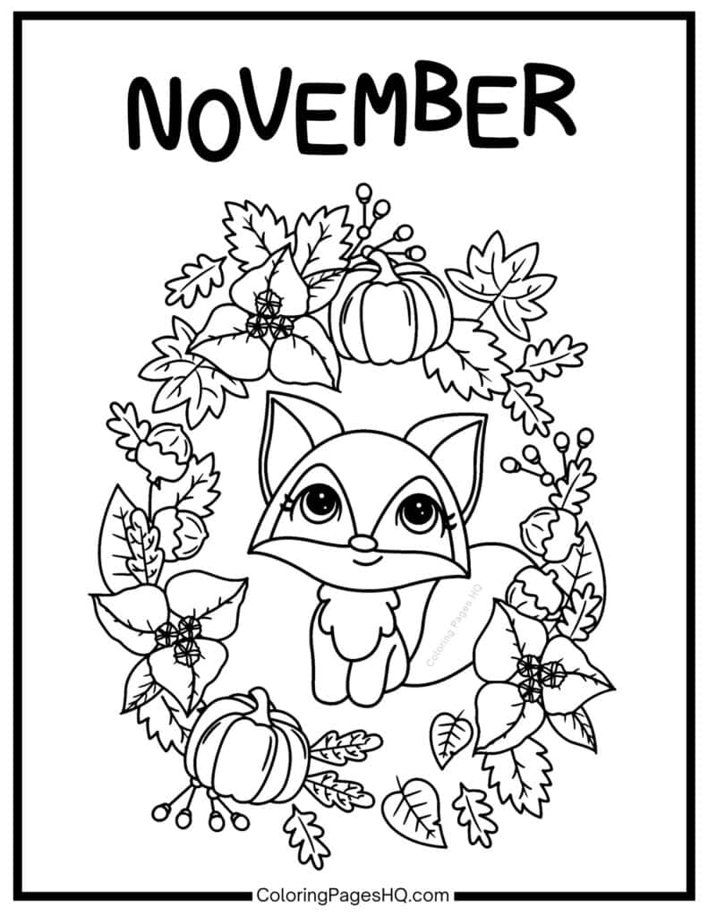 November coloring page with fox and autumn leaves, pumpkins