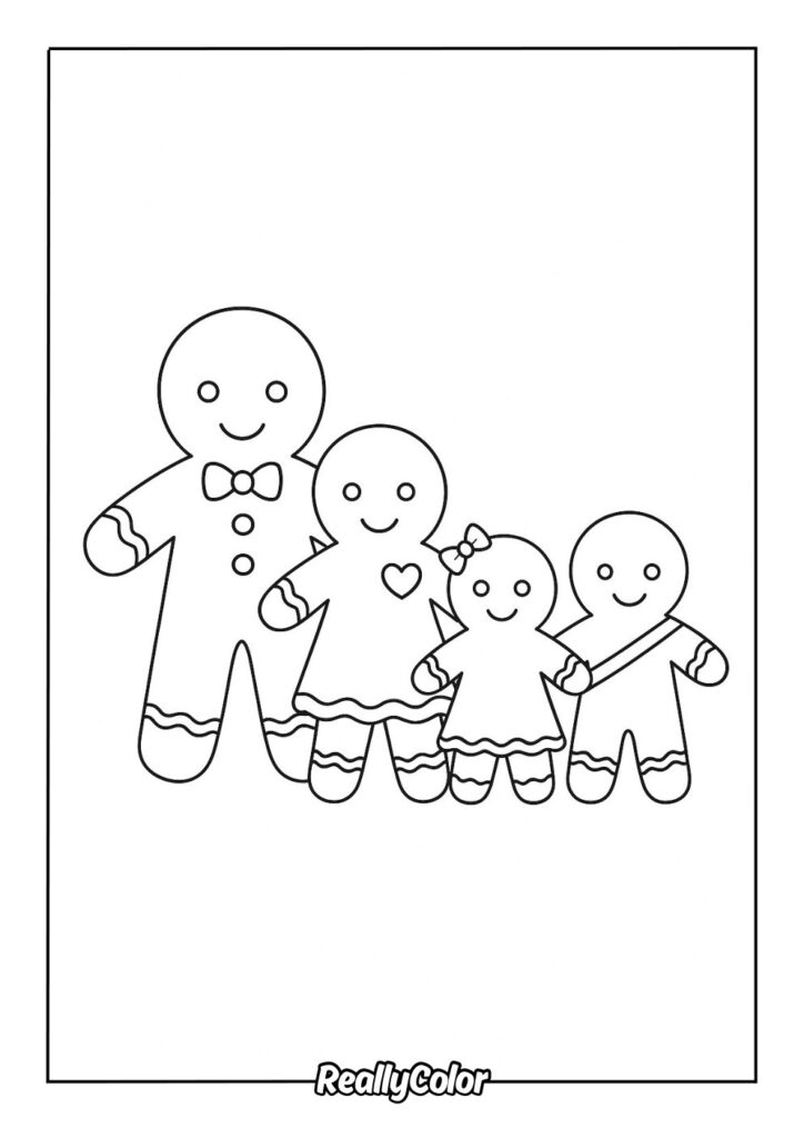 Four gingerbread people standing together on a blank page