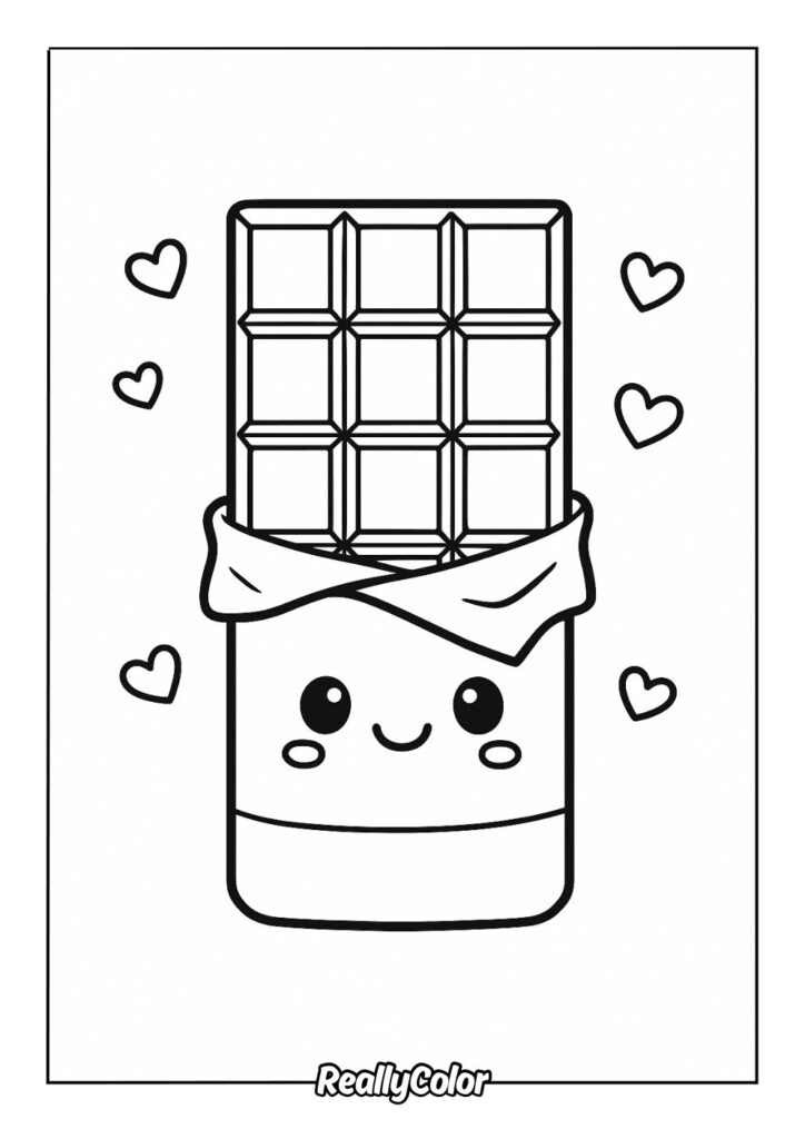 Cute cartoon chocolate bar with hearts on white background