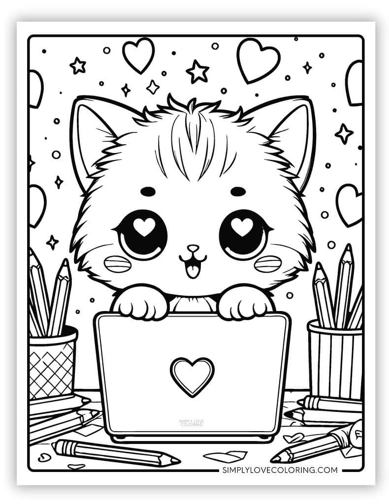 Cute kitten holding a laptop with hearts and pencils