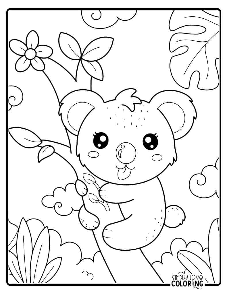 Cartoon koala clinging to tree branch
