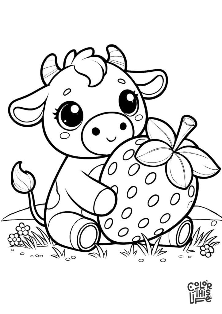 Cute cartoon cow sitting next to a large strawberry in grass