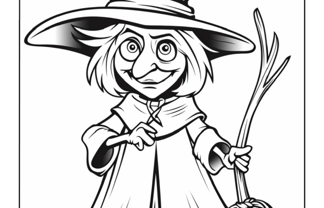 Cartoon witch holding broom, outlined coloring page illustration