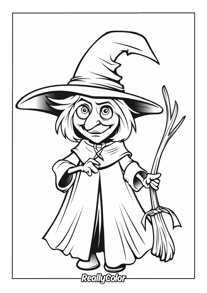 Cartoon witch holding broom, outlined coloring page illustration