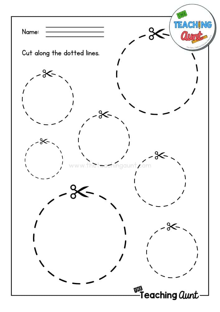Printable worksheet with dotted circles and scissors icons