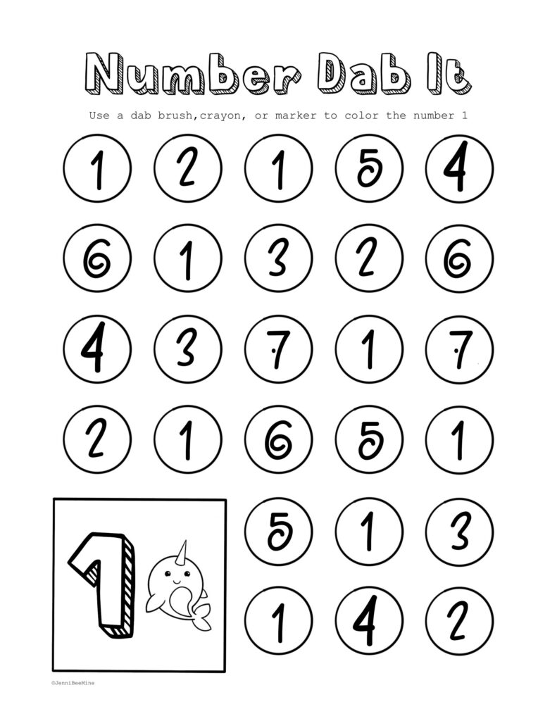 Number Dab It worksheet with circled numbers and cartoon one