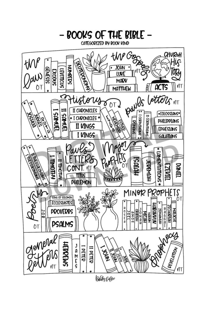 Bible books chart with illustrated stacked volumes