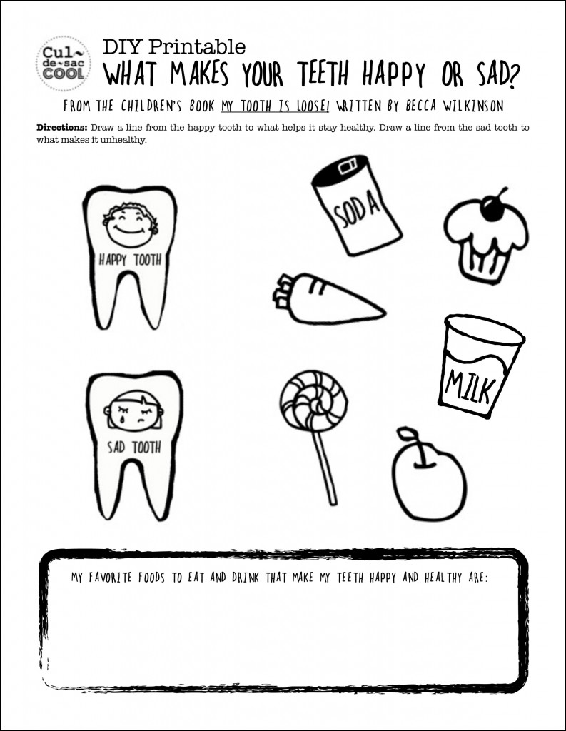 Printable worksheet about healthy and unhealthy teeth foods