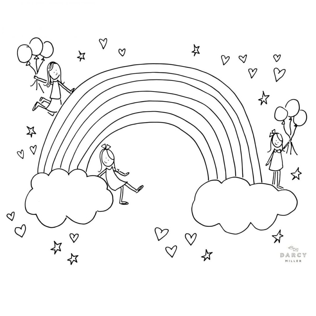 Black-and-white drawing of girls, rainbow, hearts, and stars