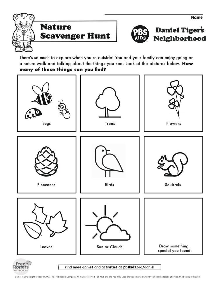 Nature scavenger hunt worksheet with cartoon icons and PBS Kids branding