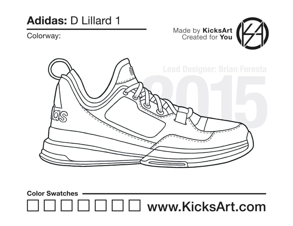 Line drawing of a sneaker coloring page with text
