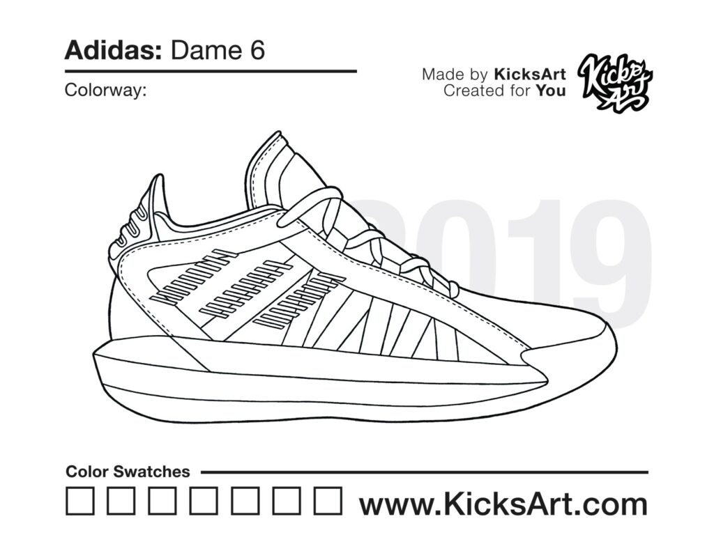 Line drawing of an Adidas Dame 6 sneaker page