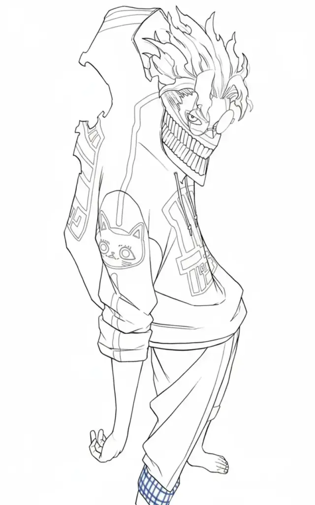 Line drawing of a grinning anime man with flame hair
