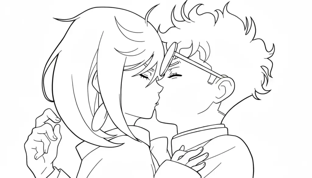 Anime couple kissing in black-and-white line art