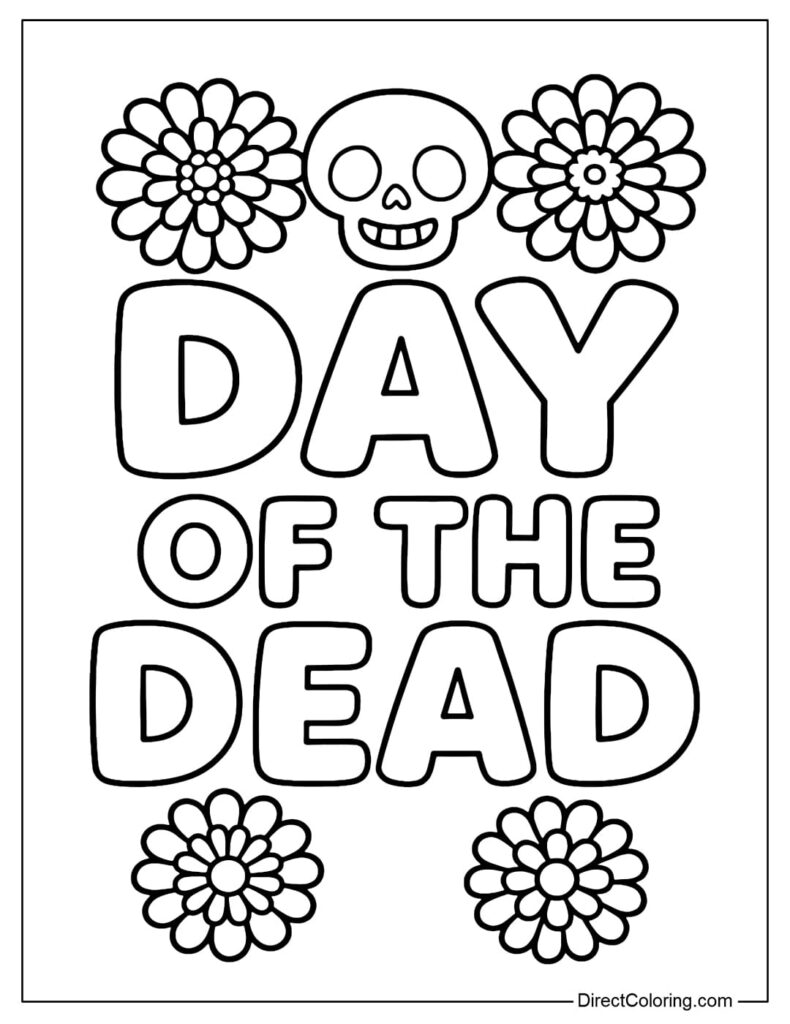 Day of the Dead coloring page with skull and flowers