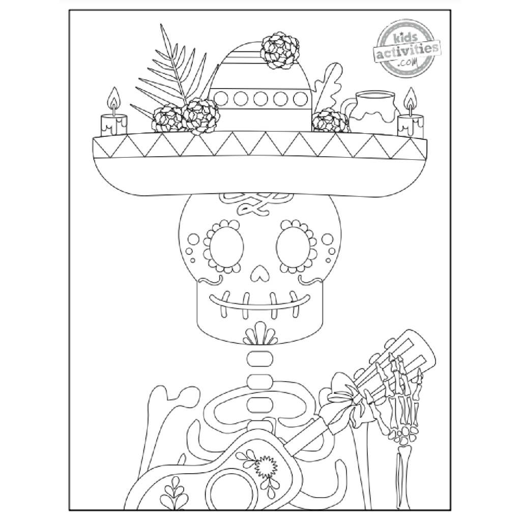 Day of the Dead skeleton with decorated hat and guitar