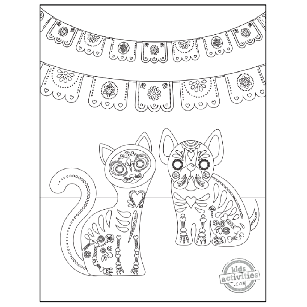 Two decorated cat coloring-page illustrations beneath paper banners