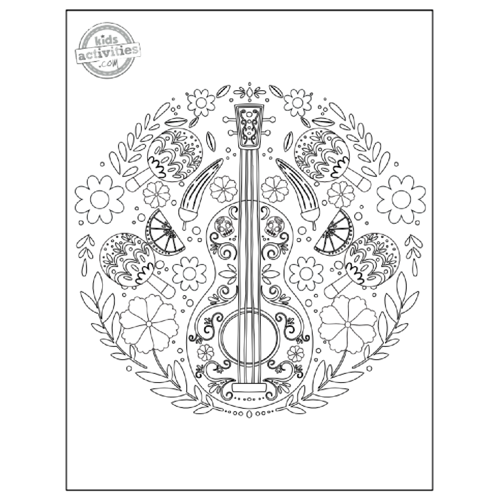 Decorative guitar surrounded by flowers and maracas