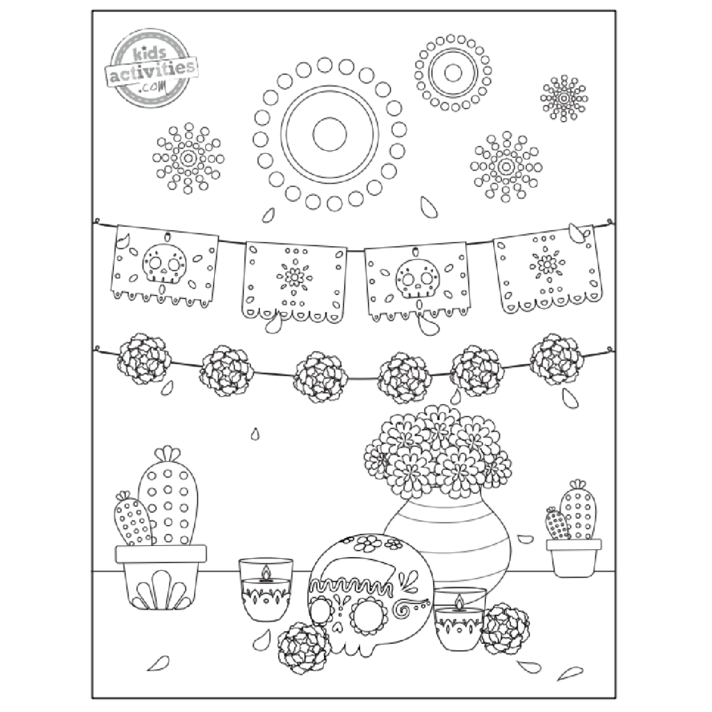 Line-art Day of the Dead altar with skulls, flowers, candles