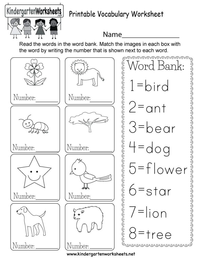 Black-and-white kindergarten vocabulary matching worksheet with pictures and word bank
