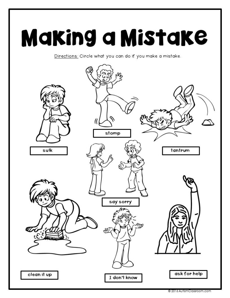 Black-and-white worksheet titled Making a Mistake with cartoons