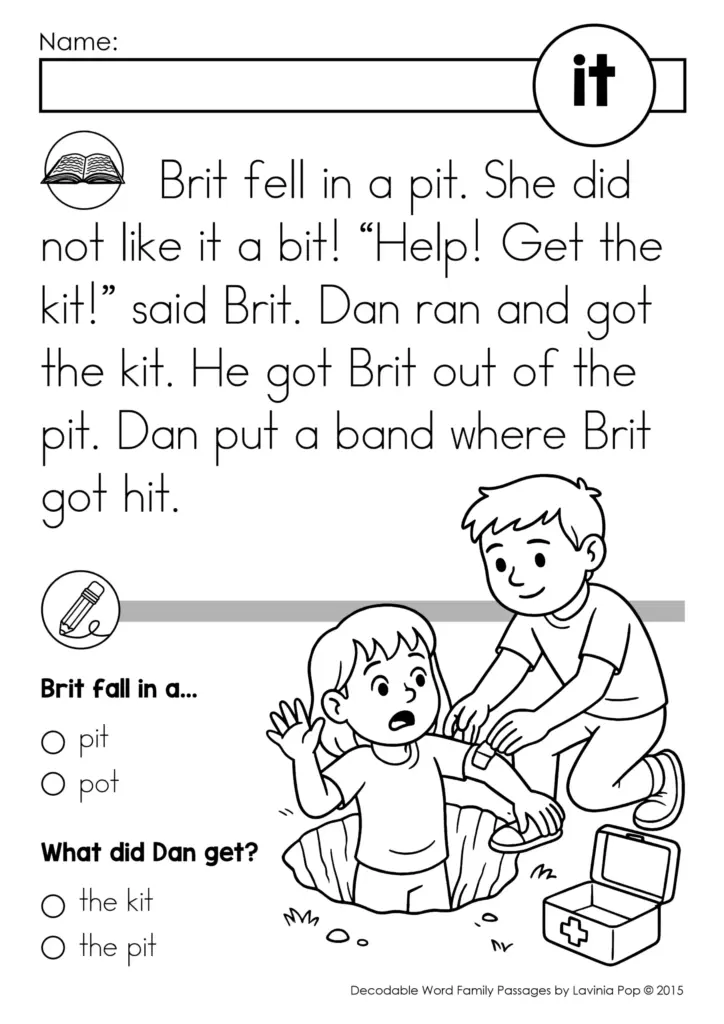 Phonics worksheet about “it” word family passage with illustration