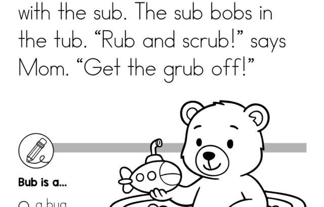 Black-and-white phonics worksheet with bear in tub and text