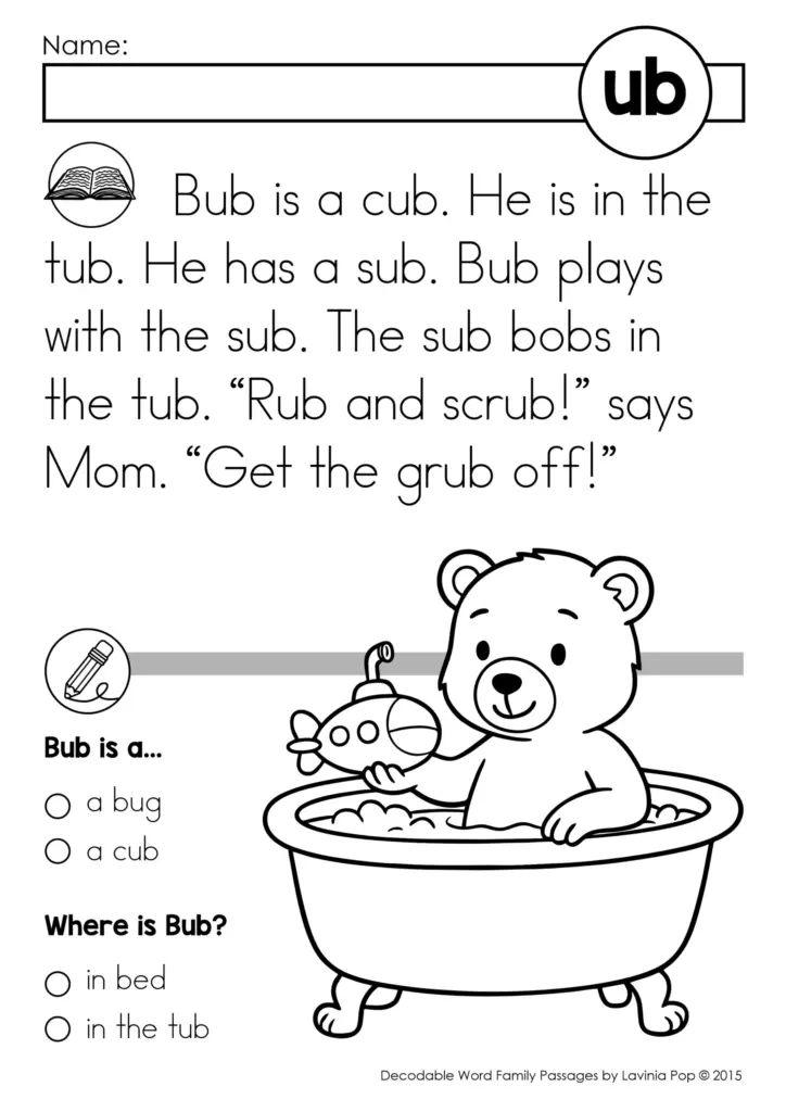 Black-and-white phonics worksheet with bear in tub and text
