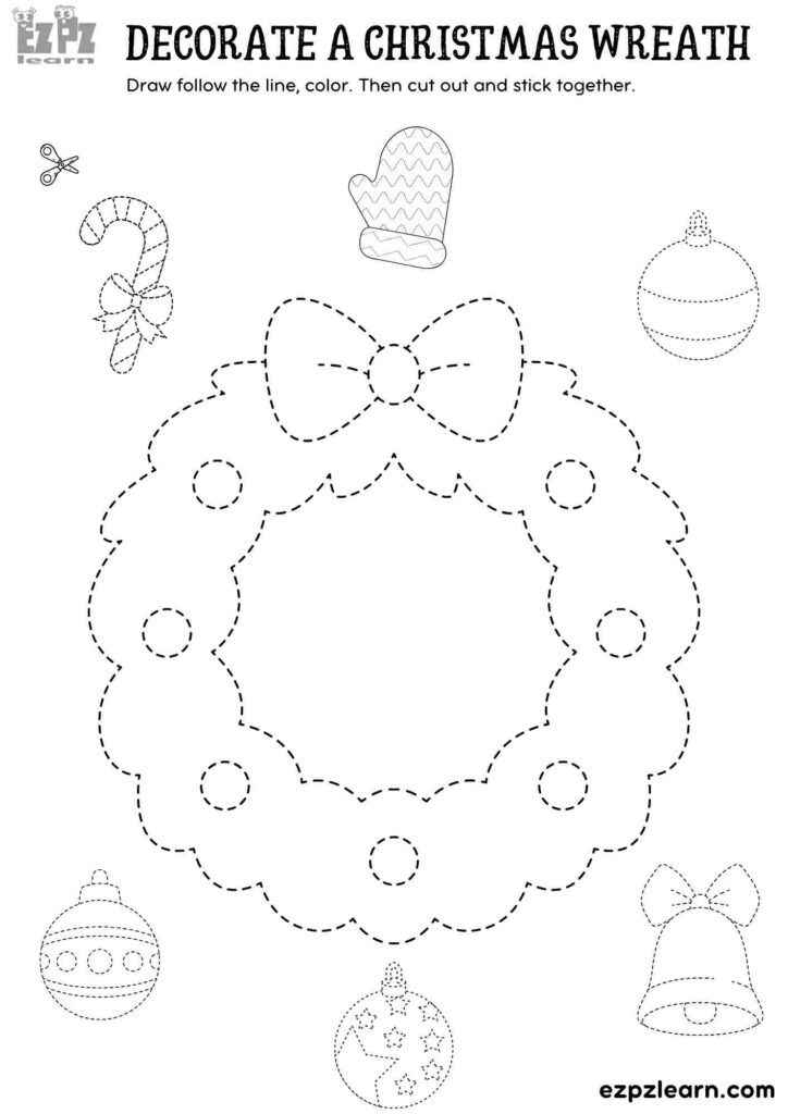 Printable Christmas wreath craft worksheet with ornaments