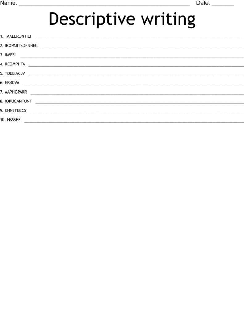 Descriptive writing worksheet with numbered word list