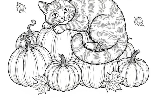 Line drawing of cat lying on pumpkins with falling leaves