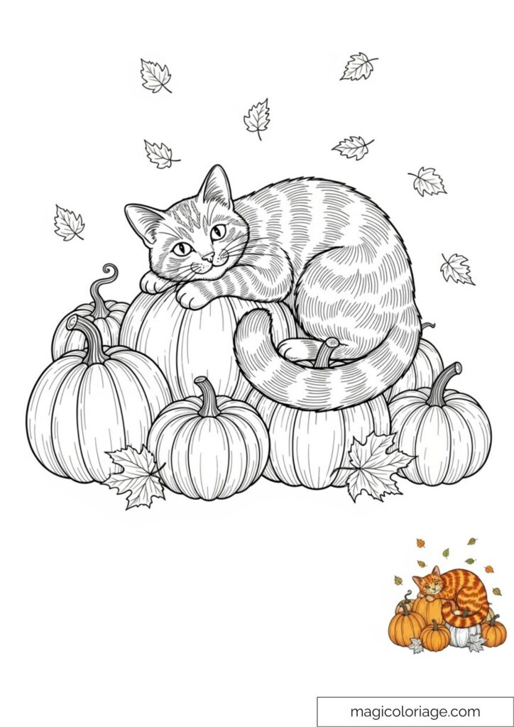Line drawing of cat lying on pumpkins with falling leaves