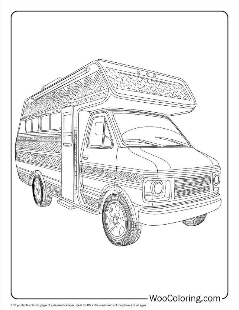 Line drawing of a detailed camper van coloring page