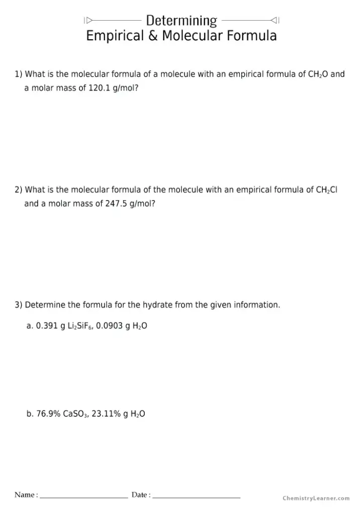 Chemistry worksheet on empirical and molecular formulas