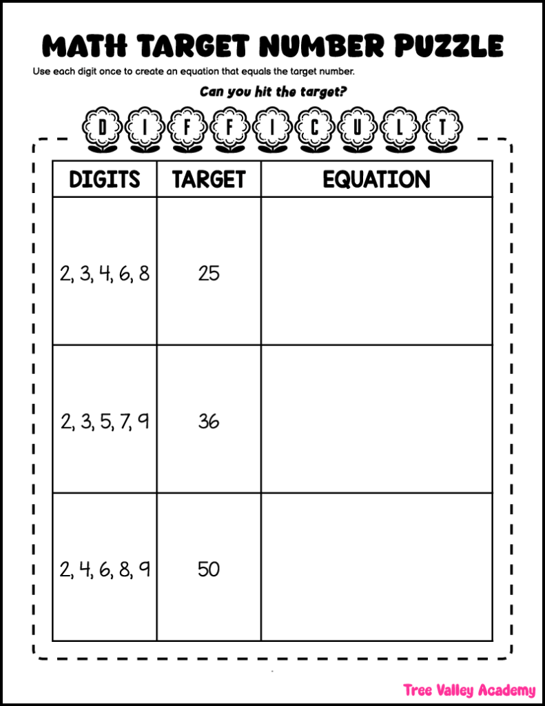 Math target number puzzle worksheet with three problems