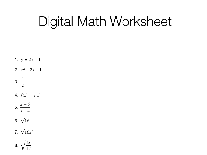 Digital math worksheet with eight equations on white page