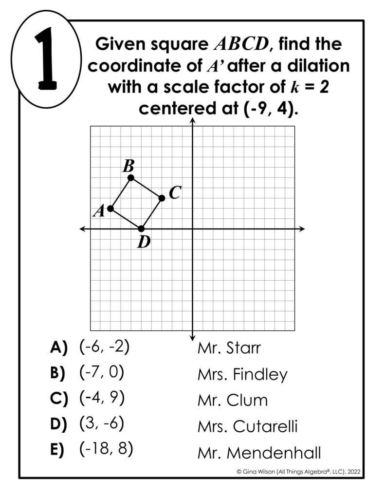 Coordinate geometry worksheet with square on graph and answer choices