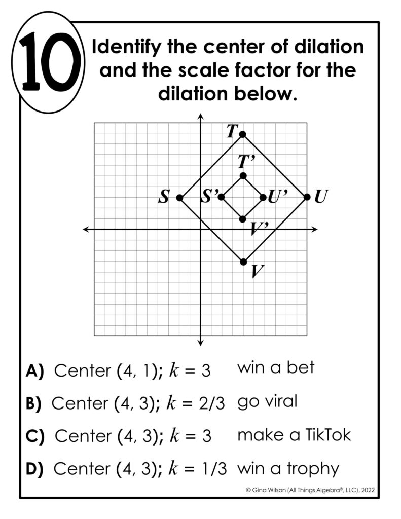 Geometry worksheet showing a dilation graph and answer choices