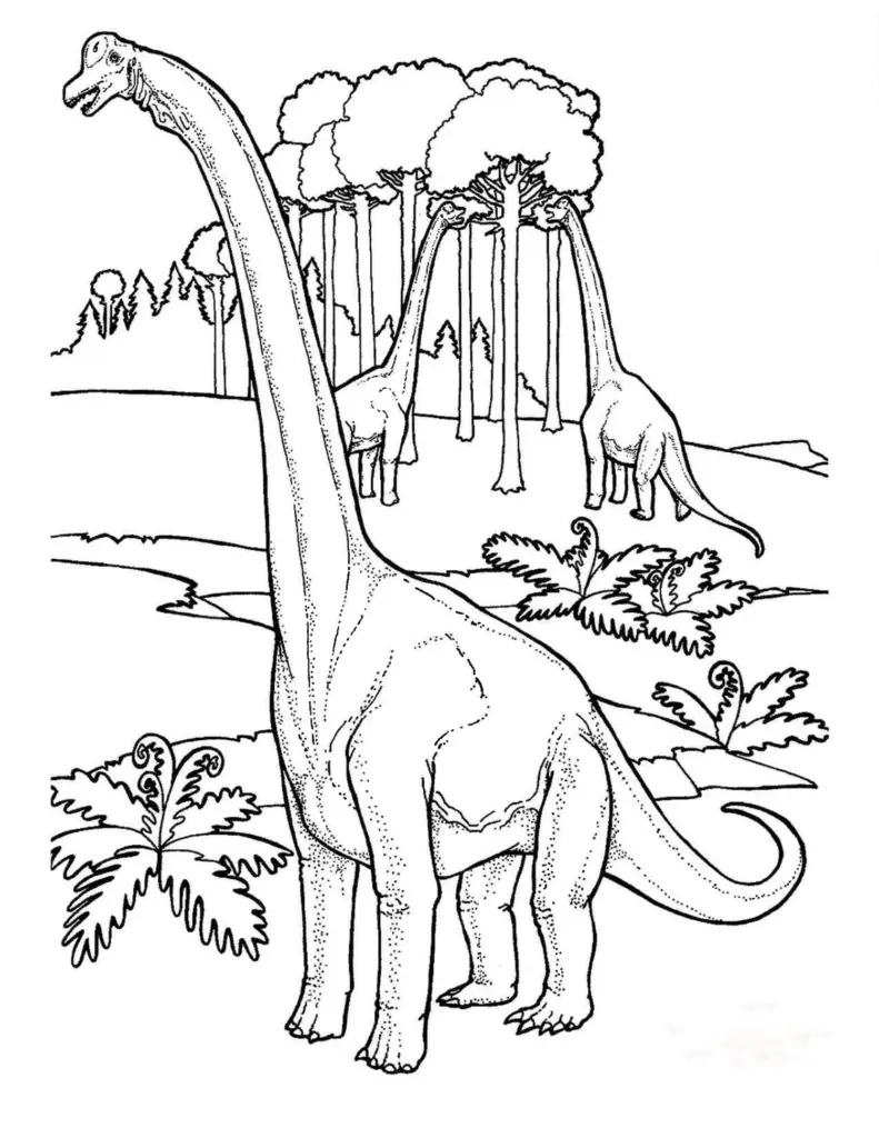Black-and-white dinosaur coloring page with three long-necked dinosaurs