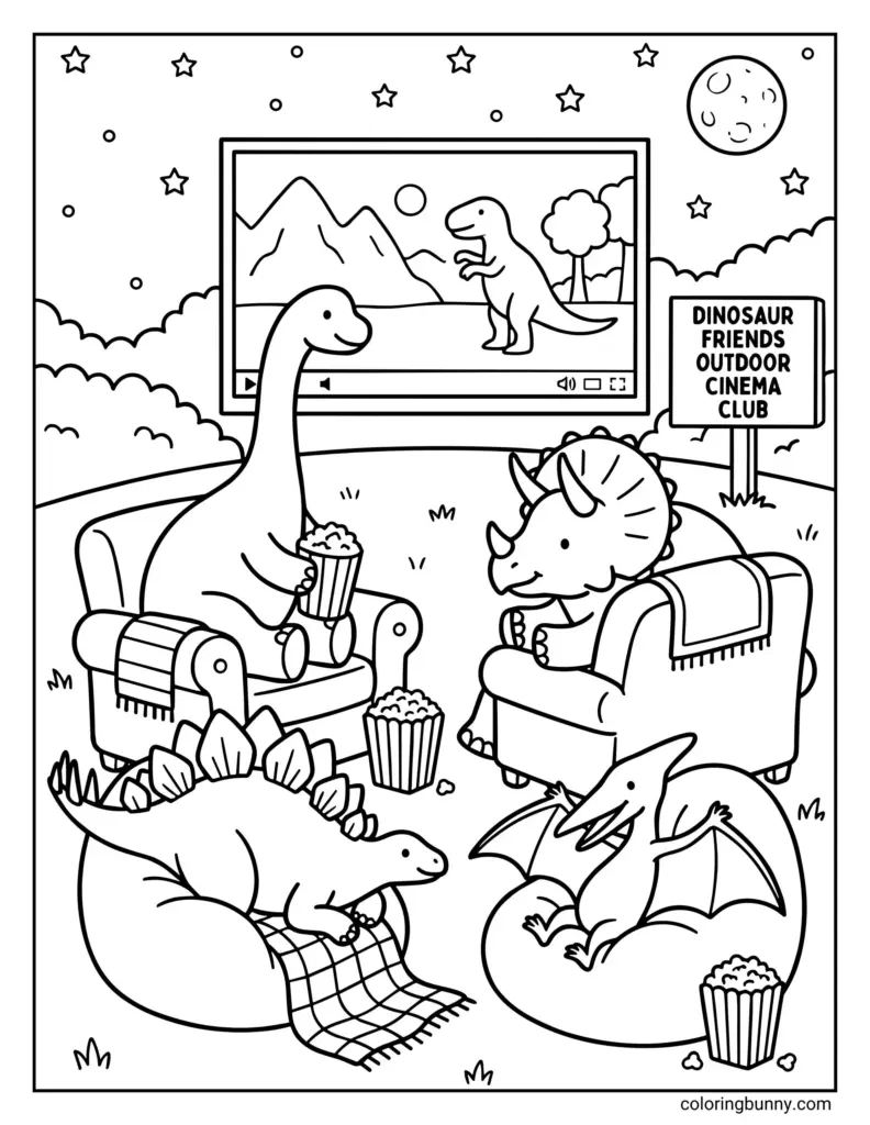 Dinosaurs watching movie outdoors under starry sky