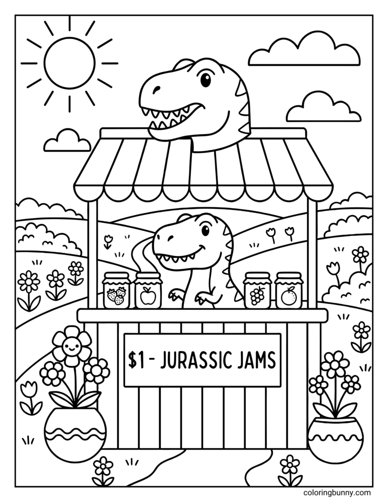 Dinosaur jam stand in flowered countryside, black-and-white drawing