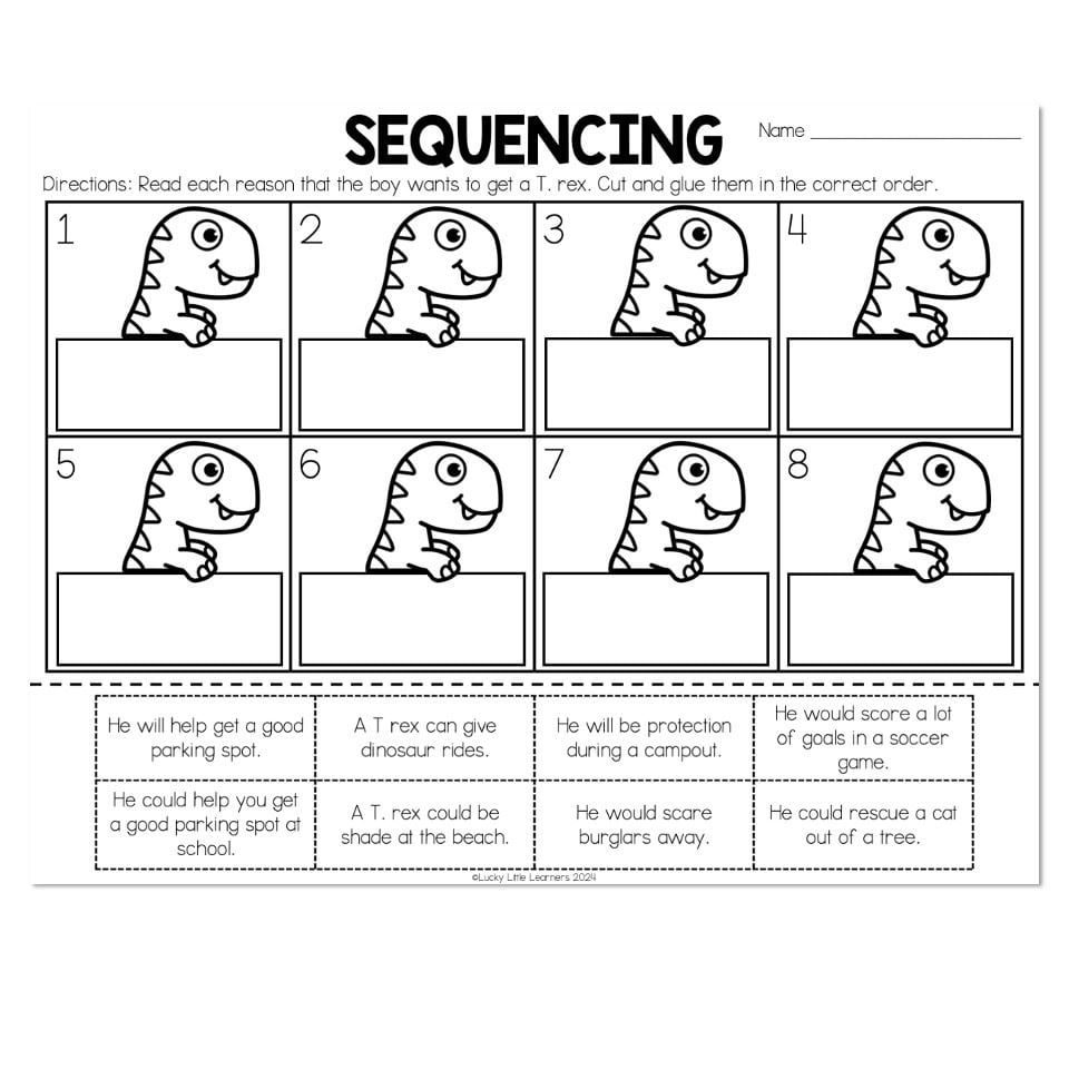 Sequencing worksheet with eight dinosaur panels