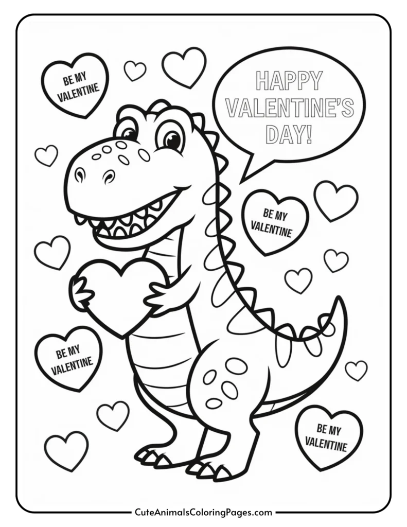 Cartoon dinosaur holding heart, surrounded by valentine hearts